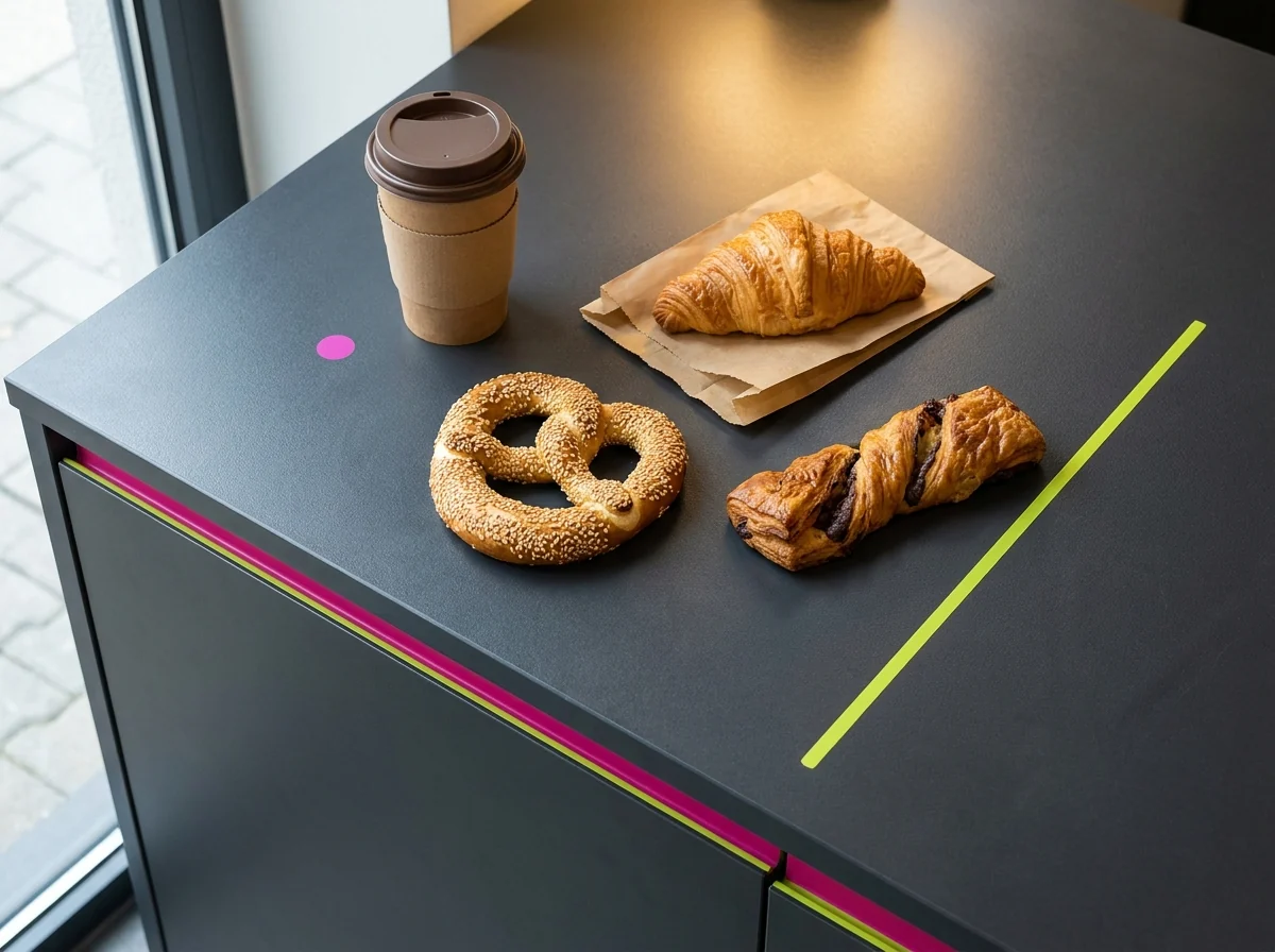 Cafea la pachet, croissant, covrig cu susan și răsucită cu ciocolată