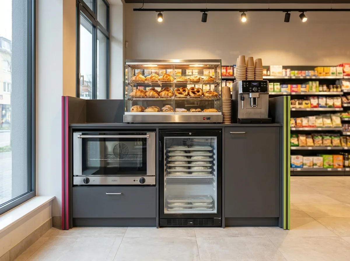 Configurație compactă de food corner într-un magazin mic